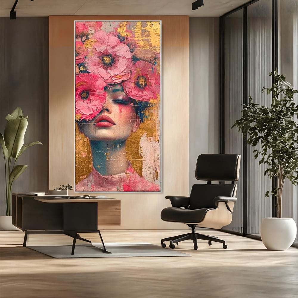 Tablou canvas cu tablou canvas cu portret de femeie si flori roz, in rama de aluminiu argintiu, pe perete intr-un birou
